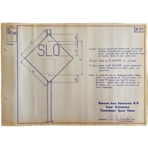 1979 Railroad Bangor Aroostook Slow Speed Sign Blueprint K25 Trains DWDD12 - Picture 2 of 4